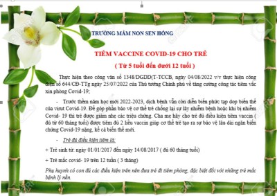 THÔNG BÁO LỊCH TIÊM NGỪA COVID -19 Mời quý phụ huynh theo dõi lịch để tiêm ngừa cho trẻ.