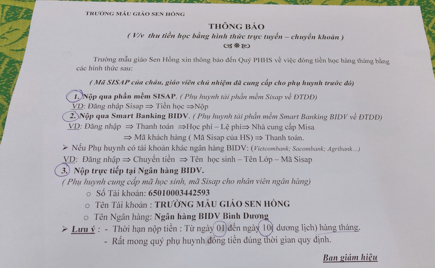 THÔNG BÁO VỀ VIỆC THU TIỀN HỌC PHÍ QUA MẠNG SISAP