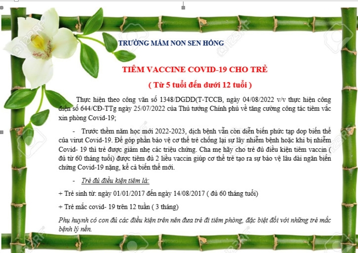 THÔNG BÁO LỊCH TIÊM NGỪA COVID -19 Mời quý phụ huynh theo dõi lịch để tiêm ngừa cho trẻ.